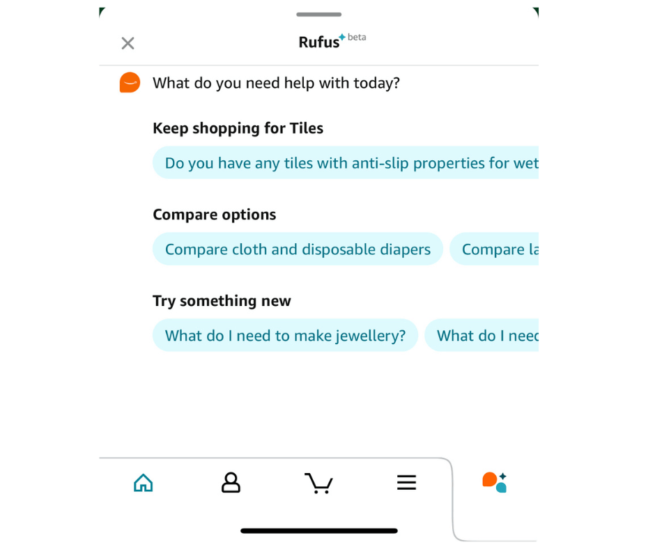 Rufus chatbot interface showing assistance options for anti-slip tiles, comparing products, and exploring new items