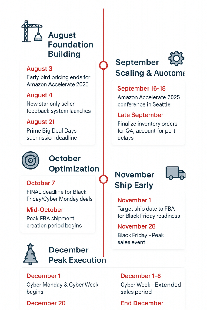Q4 2025 Amazon Seller Timeline infographic showing monthly preparation steps from August to December