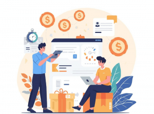 Illustration of Amazon sellers analyzing a dashboard with sales metrics, revenue icons, and product data to scale an Amazon business in 2026.