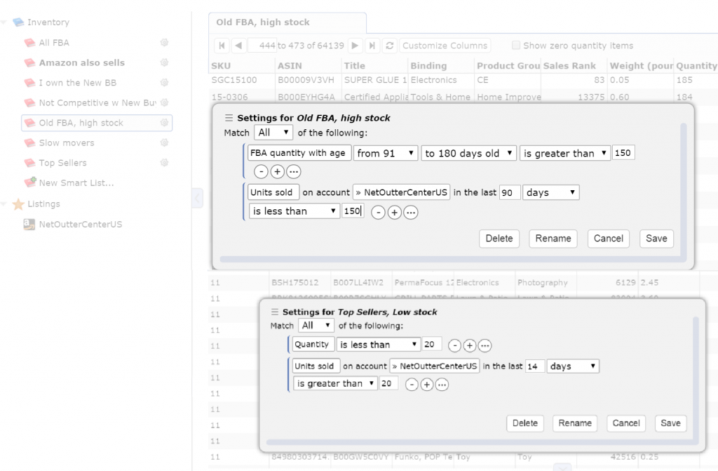 Image: Smartlists for Old FBA items and Top Sellers Running Out