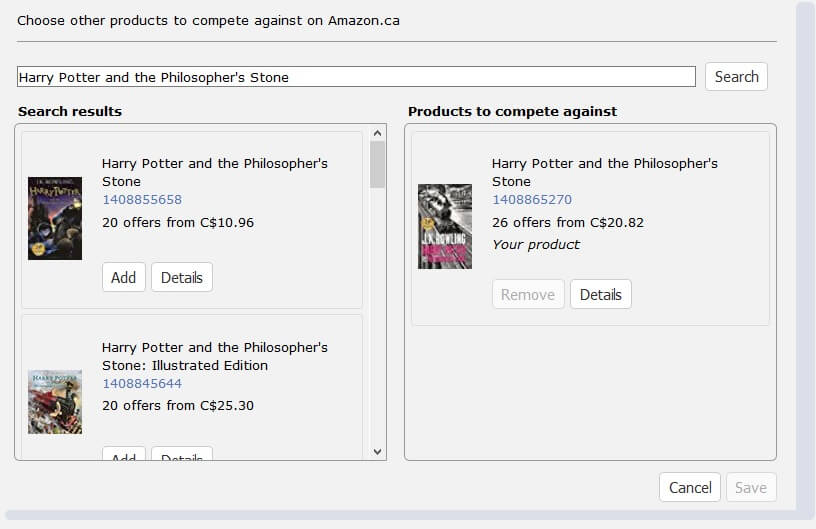 Image: Similar ASINs screenshot in Sellery