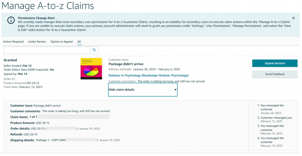 Image: Screenshot of AtoZ claims showing claim details