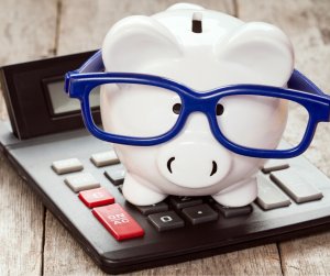 Piggy Bank with Glasses on Calculator Representing Amazon Reserve Funds