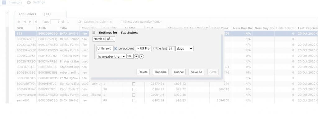 Image: Settings for Top Sellers in Sellery