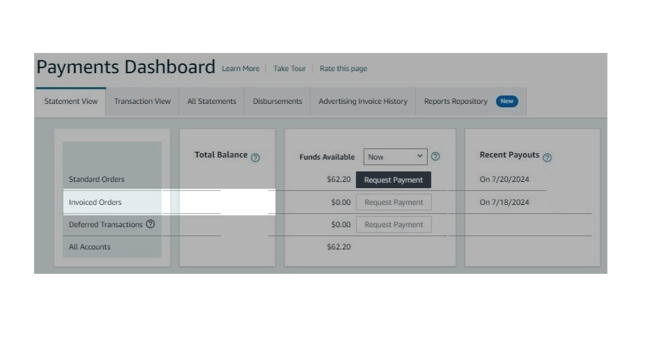 Amazon Payments Dashboard Showing Request Payment Options