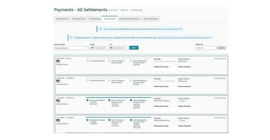Amazon Payments Dashboard All Settlements View