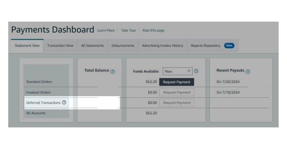 Amazon Payments Dashboard Deferred Transactions