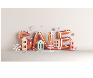 Image: "SALE" with snowflakes and snow covered buildings
