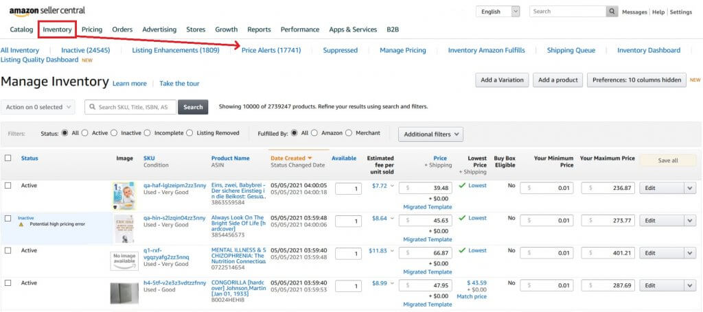 Image: Manage inventory screenshot