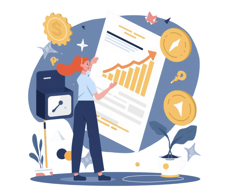 Illustration of Amazon product ranking growth with analytics chart, safe, and performance metrics representing the A10 algorithm for Amazon sellers.