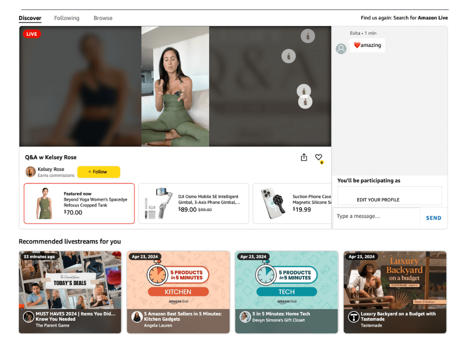 A live Q&A session with Kelsey Rose on Amazon Live, featuring product recommendations such as the Beyond Yoga Women's Spacedye Refocus Cropped Tank.