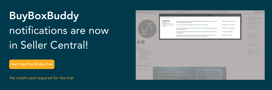 Promotional banner for BuyBoxBuddy, announcing new notifications feature in Seller Central with a free 15-day trial offer.