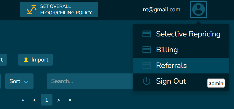 Screenshot of BuyBoxBuddy's dashboard interface showing options for setting pricing policy and account management.