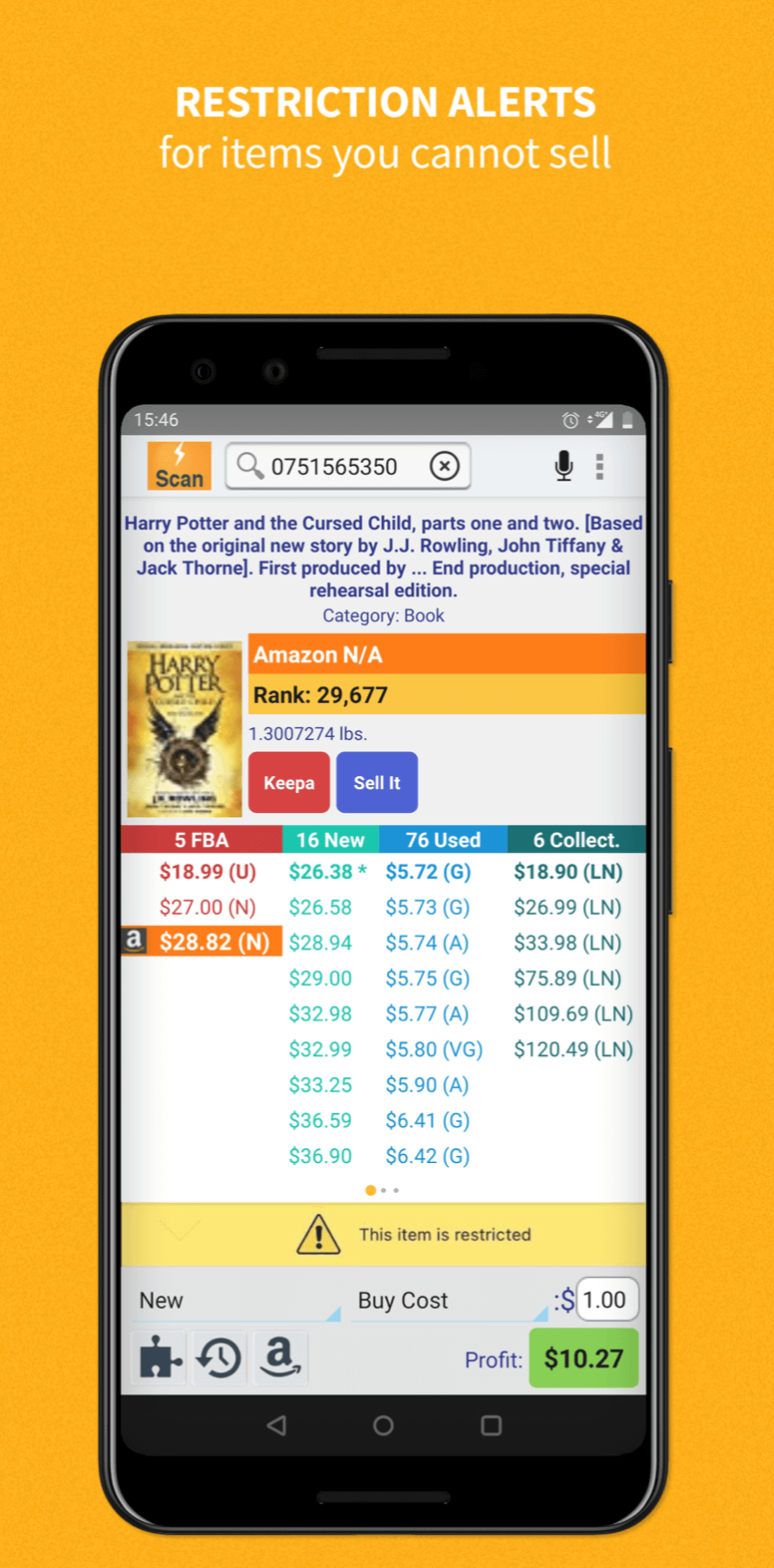 Restriction Alert Screenshot of Profit Bandit app displaying a restriction alert for 'Harry Potter and the Cursed Child' book on an Amazon seller's mobile.