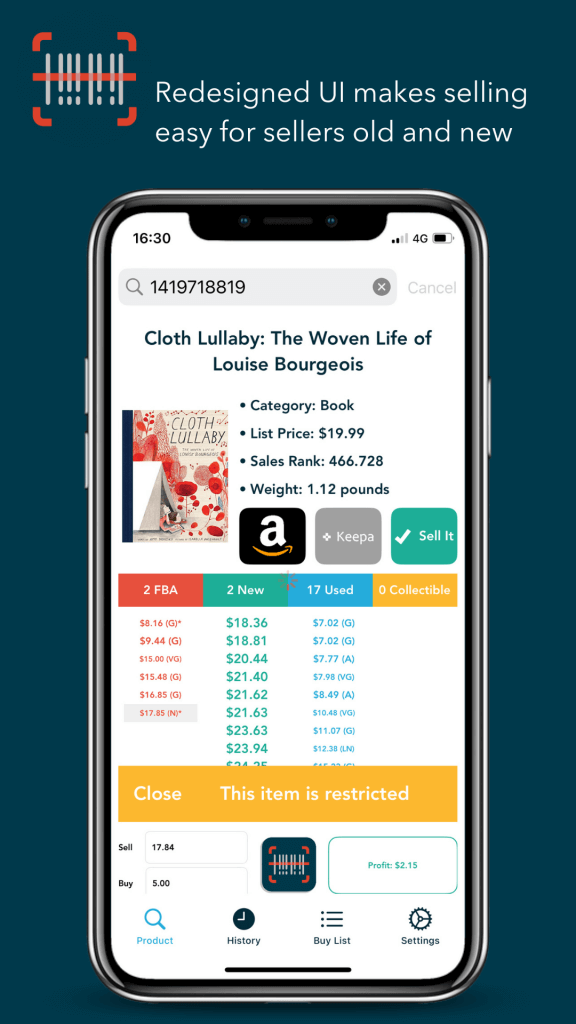 Mobile device displaying the redesigned product page of the Profit Bandit app with detailed product information and restriction alerts.