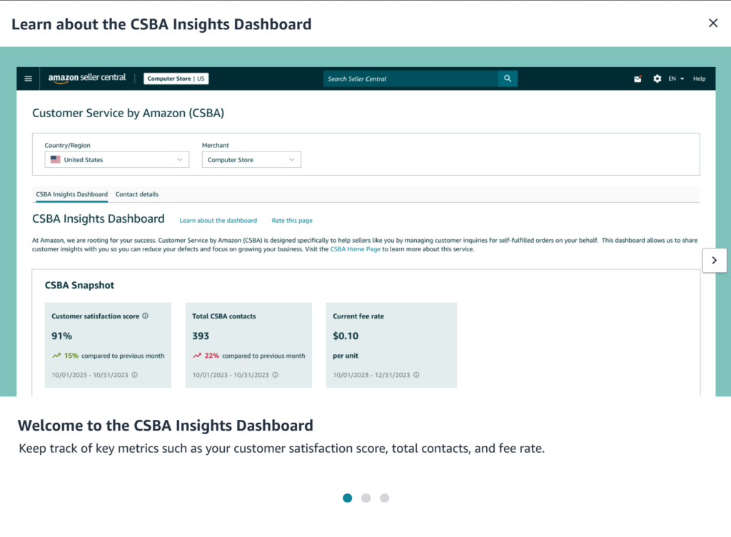 Amazon Customer Service by Amazon (CSBA) Insights Dashboard showing customer satisfaction, contact volume, and customer service metrics