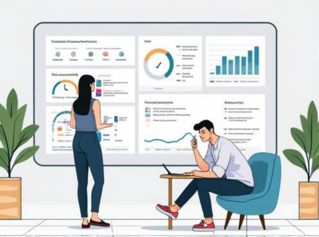 Illustration of a team reviewing product compliance metrics and testing data on a dashboard to monitor Amazon product safety requirements.