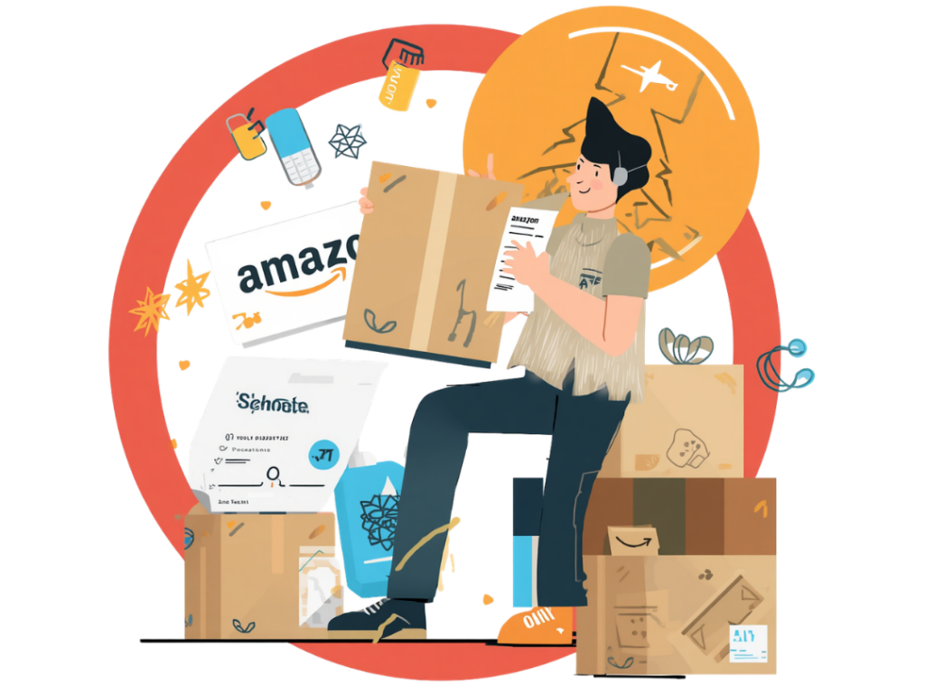 Illustration of an Amazon seller completing product testing and certification requirements before shipping inventory for the holiday selling season.